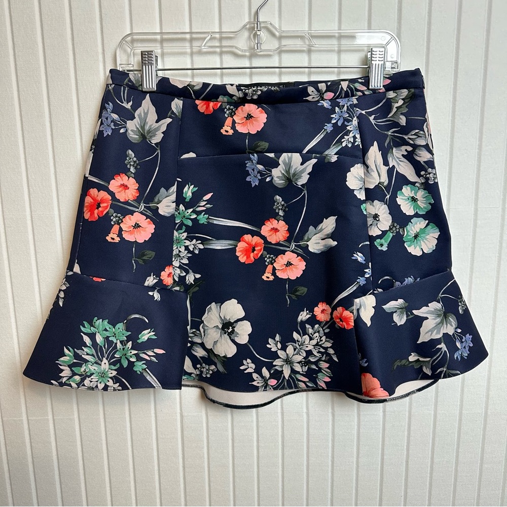 Zara Navy Floral flare-hem Skirt